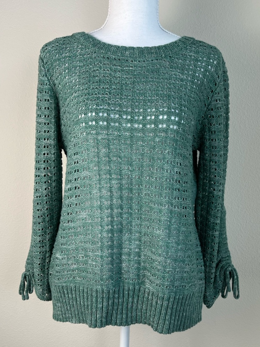 Maurices Open Knit Sweater L Green Lightweight Boho Tie Sleeve Pullover Coastal
